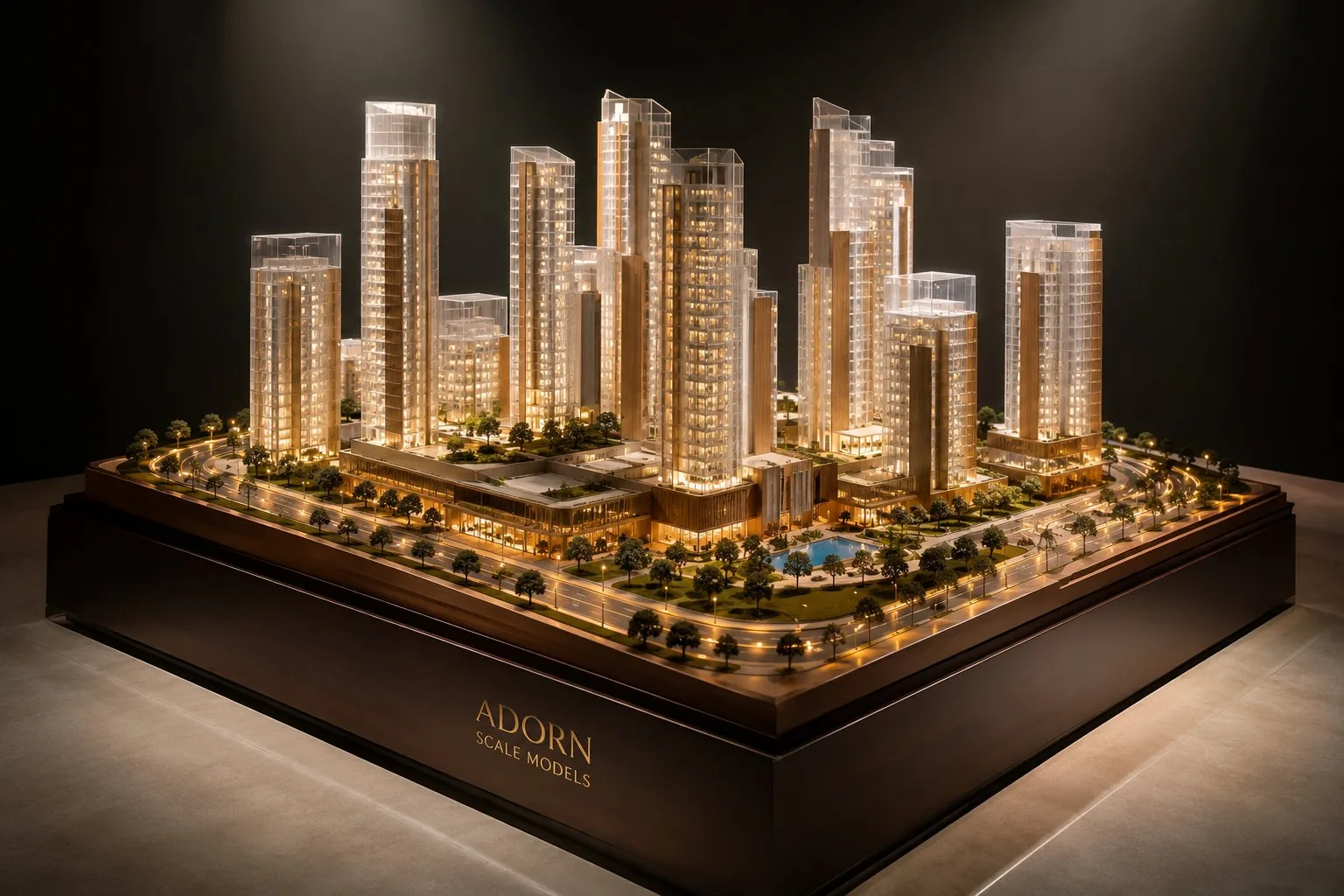 Scale model making Dubai — premium illuminated masterplan display model by Adorn Scale Models UAE