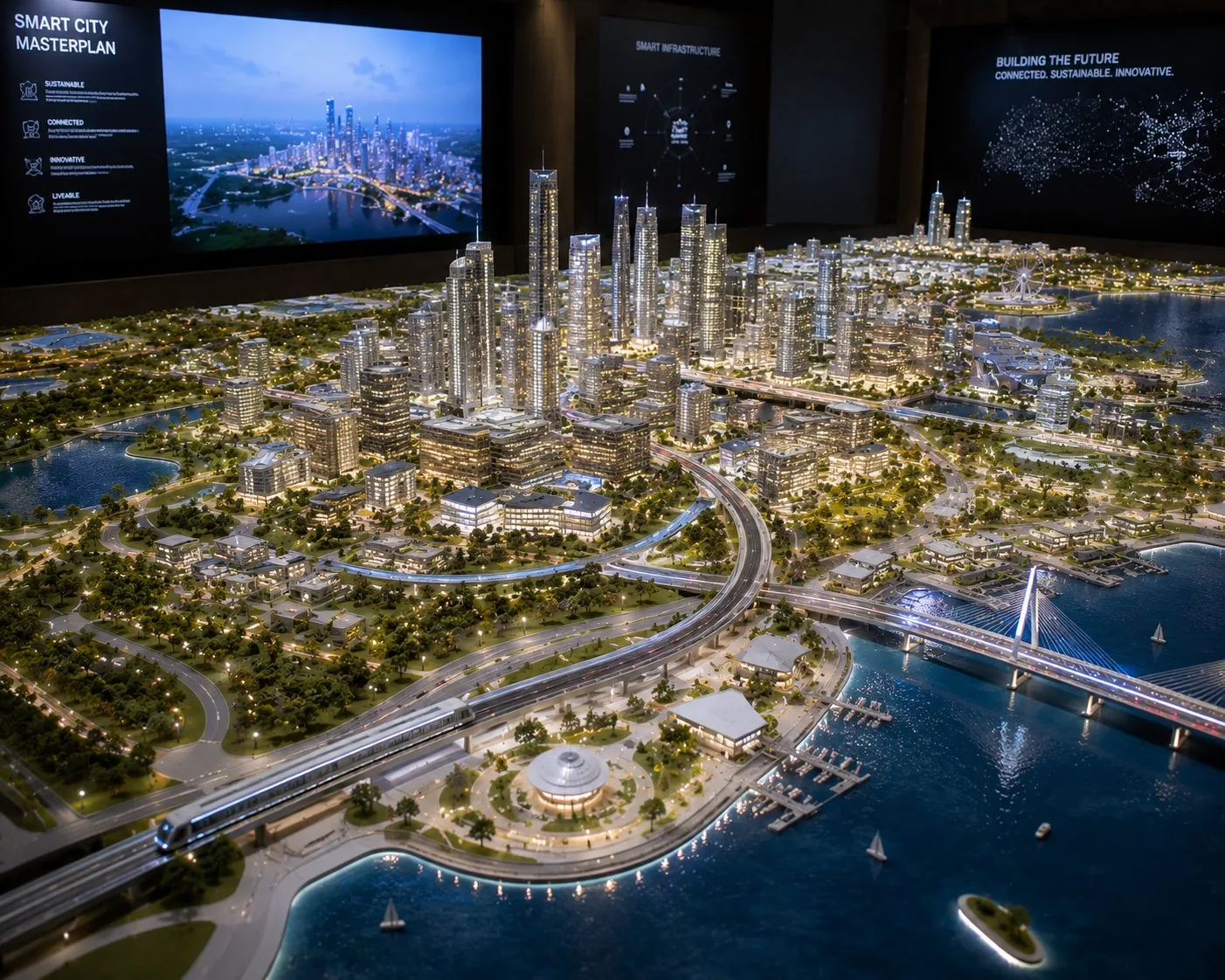 Smart city masterplan scale model UAE — illuminated urban development